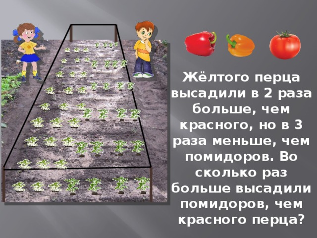 Жёлтого перца высадили в 2 раза больше, чем красного, но в 3 раза меньше, чем помидоров. Во сколько раз больше высадили помидоров, чем красного перца?