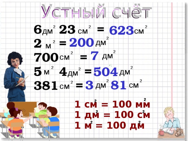 6 23 = 2 = 700 = 5 4 = 381 = 623 2 2 2 см см дм 200 2 дм 2 м 7 2 дм 2 см 504 2 2 м дм 2 дм 3 81 2 2 дм см 2 см 2 1 см = 100 мм 1 дм = 100 см 1 м = 100 дм 2 2 2 2 2