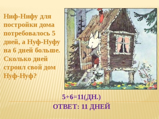 Ниф-Нифу для постройки дома потребовалось 5 дней, а Нуф-Нуфу на 6 дней больше. Сколько дней строил свой дом Нуф-Нуф? 5+6=11(дн.)  Ответ: 11 дней