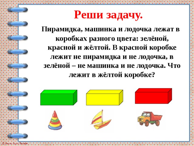 Реши задачу.  Пирамидка, машинка и лодочка лежат в коробках разного цвета: зелёной, красной и жёлтой. В красной коробке лежит не пирамидка и не лодочка, в зелёной – не машинка и не лодочка. Что лежит в жёлтой коробке?