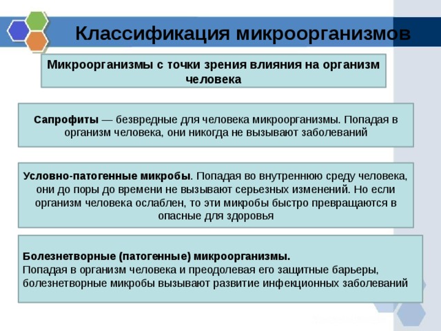 Классификация микроорганизмов Микроорганизмы с точки зрения влияния на организм человека Сапрофиты — безвредные для человека микроорганизмы. Попадая в организм человека, они никогда не вызывают заболеваний Условно-патогенные микробы . Попадая во внутреннюю среду человека, они до поры до времени не вызывают серьезных изменений. Но если организм человека ослаблен, то эти микробы быстро превращаются в опасные для здоровья Болезнетворные (патогенные) микроорганизмы. Попадая в организм человека и преодолевая его защитные барьеры, болезнетворные микробы вызывают развитие инфекционных заболеваний