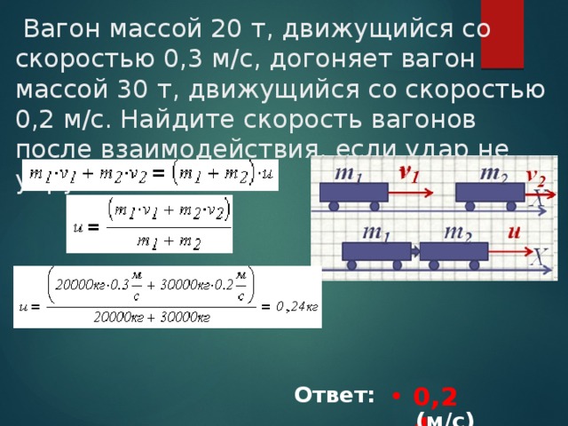 Вагон массой 20 т, движущийся со скоростью 0,3 м/с, догоняет вагон массой 30 т, движущийся со скоростью 0,2 м/с. Найдите скорость вагонов после взаимодействия, если удар не упругий. 0,24 Ответ: ___________(м/с)