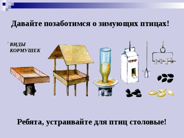 Давайте позаботимся о зимующих птицах!    ВИДЫ КОРМУШЕК Ребята, устраивайте для птиц столовые!