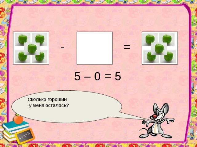 ? = - 5 – 0 = 5 Сколько горошин  у меня осталось?