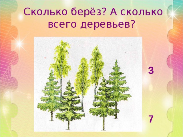 Сколько берёз? А сколько всего деревьев? 3    7