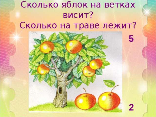 Сколько яблок на ветках висит?  Сколько на траве лежит? 5      2