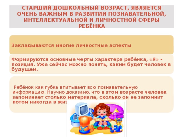 Старший дошкольный возраст, является очень важным в развитии познавательной, интеллектуальной и личностной сферы ребёнка Закладываются многие личностные аспекты Формируются основные черты характера ребёнка, «Я» - позиция. Уже сейчас можно понять, каким будет человек в будущем.  Ребёнок как губка впитывает всю познавательную информацию. Научно доказано, что в этом возрасте человек запоминает столько материала, сколько он не запомнит потом никогда в жизни.