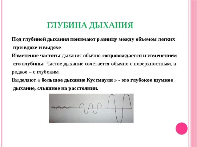 ГЛУБИНА ДЫХАНИЯ Под глубиной дыхания понимают разницу между объемом легких  при вдохе и выдохе . Изменение частоты дыхания обычно сопровождается и изменением  его глубины . Частое дыхание сочетается обычно с поверхностным, а редкое – с глубоким. Выделяют « большое дыхание Куссмауля » - это глубокое шумное  дыхание, слышное на расстоянии.