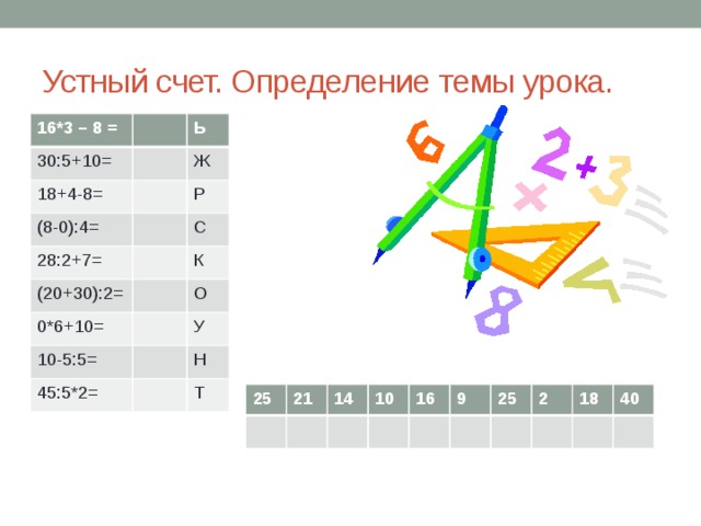 Устный счет. Определение темы урока. 16*3 – 8 = 30:5+10= 18+4-8= Ь (8-0):4= Ж Р 28:2+7= С (20+30):2= К 0*6+10= 10-5:5= О У 45:5*2= Н Т 25 21 14 10 16 9 25 2 18 40