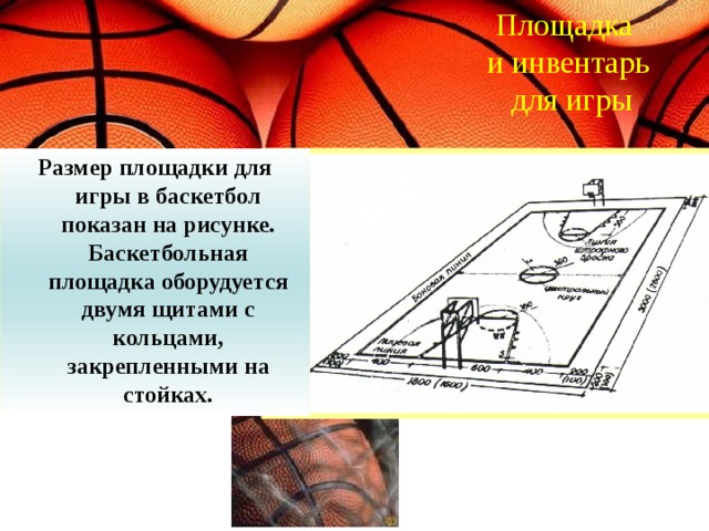 Площадка и инвентарь  для игры Размер площадки для игры в баскетбол показан на рисунке. Баскетбольная площадка оборудуется двумя щитами с кольцами, закрепленными на стойках.
