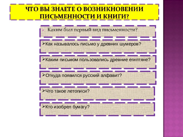 Как называлось письмо у древних шумеров?  Каким письмом пользовались древние египтяне? Откуда появился русский алфавит? Что такое летописи? Кто изобрел бумагу?