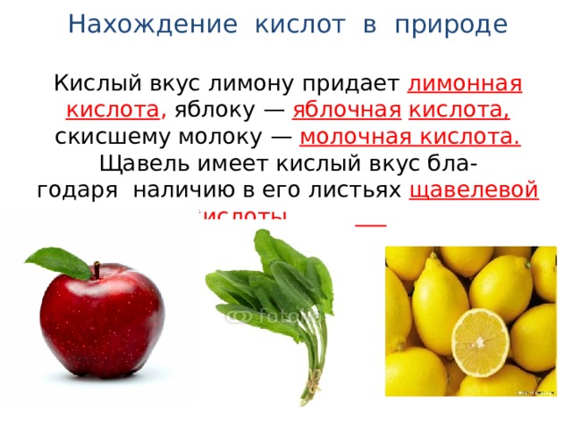 Нахождение кислот в природе   Кислый вкус лимону придает лимонная кислота , яблоку — яблочная  кислота,  скисшему молоку — молочная кислота.  Щавель имеет кислый вкус бла-  годаря наличию в его листьях щавелевой кислоты.