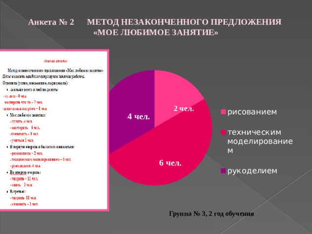 Анкета № 2 МЕТОД НЕЗАКОНЧЕННОГО ПРЕДЛОЖЕНИЯ «МОЕ ЛЮБИМОЕ ЗАНЯТИЕ» 2 чел. 4 чел. 6 чел. Группа № 3, 2 год обучения