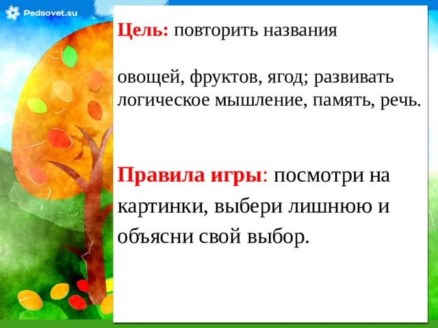 Цель: повторить названия  овощей, фруктов, ягод; развивать логическое мышление, память, речь. Правила игры : посмотри на картинки, выбери лишнюю и объясни свой выбор.