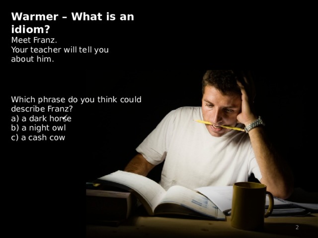 Warmer – What is an idiom? Meet Franz. Your teacher will tell you about him. Which phrase do you think could describe Franz?  a dark horse  a night owl  a cash cow ✓