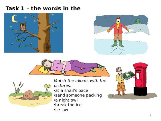Task 1 – the words in the idioms Match the idioms with the pictures. at a snail’s pace send someone packing a night owl break the ice lie low