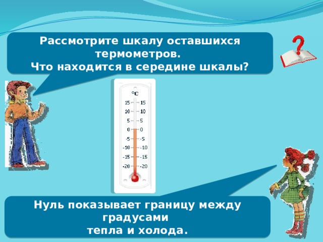 Рассмотрите шкалу оставшихся термометров. Что находится в середине шкалы? Нуль показывает границу между градусами тепла и холода.