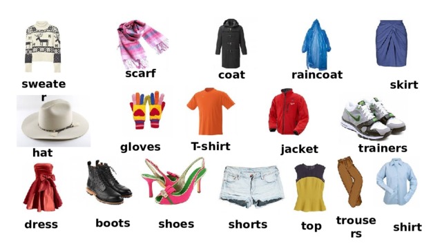 coat raincoat scarf skirt sweater jacket gloves trainers T-shirt hat boots shoes dress shorts top trousers shirt