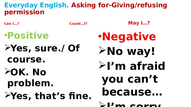 Everyday English. Asking for-Giving/refusing permission Can I…? Could…I?  May I…?