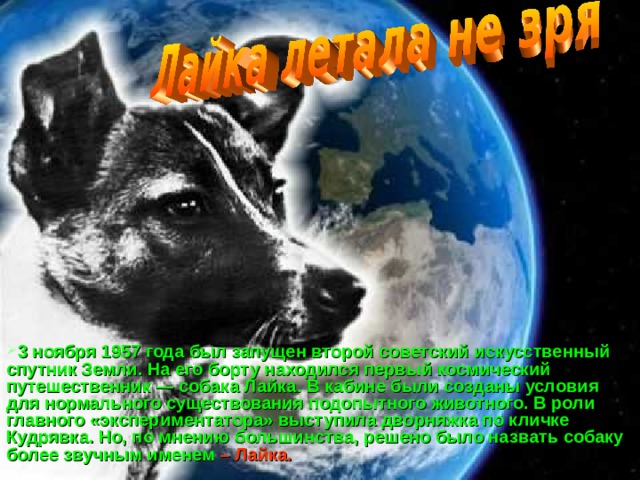3 ноября 1957 года был запущен второй советский искусственный спутник Земли. На его борту находился первый космический путешественник — собака Лайка. В кабине были созданы условия для нормального существования подопытного животного. В роли главного «экспериментатора» выступила дворняжка по кличке Кудрявка. Но, по мнению большинства, решено было назвать собаку более звучным именем – Лайка.