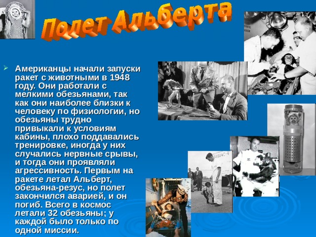 Американцы начали запуски ракет с животными в 1948 году. Они работали с мелкими обезьянами, так как они наиболее близки к человеку по физиологии, но обезьяны трудно привыкали к условиям кабины, плохо поддавались тренировке, иногда у них случались нервные срывы, и тогда они проявляли агрессивность. Первым на ракете летал Альберт, обезьяна-резус, но полет закончился аварией, и он погиб. Всего в космос летали 32 обезьяны; у каждой было только по одной миссии.