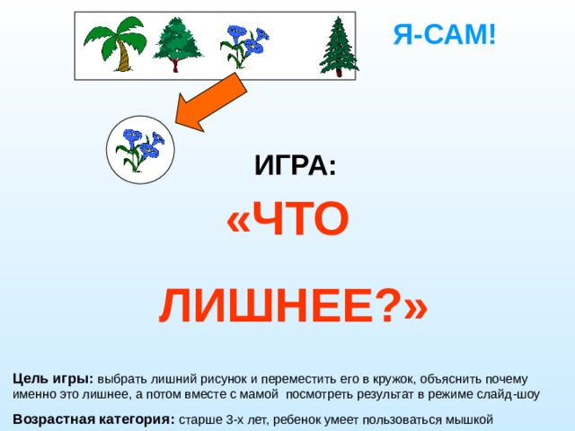 Я-САМ! ИГРА: «ЧТО ЛИШНЕЕ?» Цель игры:  выбрать лишний рисунок и переместить его в кружок, объяснить почему именно это лишнее, а потом вместе с мамой посмотреть результат в режиме слайд-шоу Возрастная категория:  старше 3-х лет, ребенок умеет пользоваться мышкой