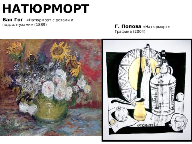 НАТЮРМОРТ Ван Гог « Натюрморт с розами и подсолнухами» (1889)    Г. Попова  «Натюрморт» Графика (2004)