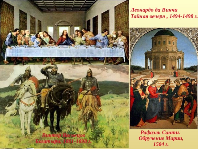 Леонардо да Винчи  Тайная вечеря , 1494-1498 г. Виктор Васнецов  Богатыри, 1881-1898 г. Рафаэль Санти.  Обручение Марии,  1504 г.