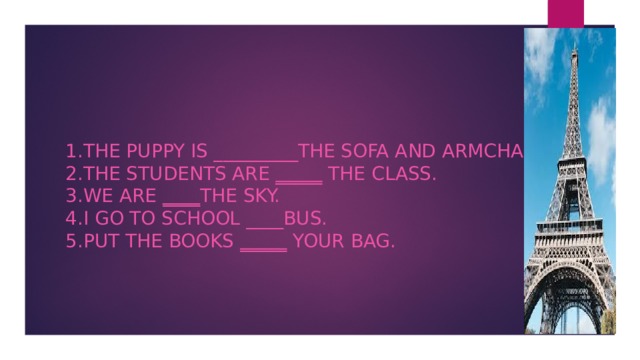 1.The puppy is _________the sofa and armchair.  2.The students are _____ the class.  3.We are ____ the sky.  4.I go to school ____bus.  5.Put the books _____ your bag.