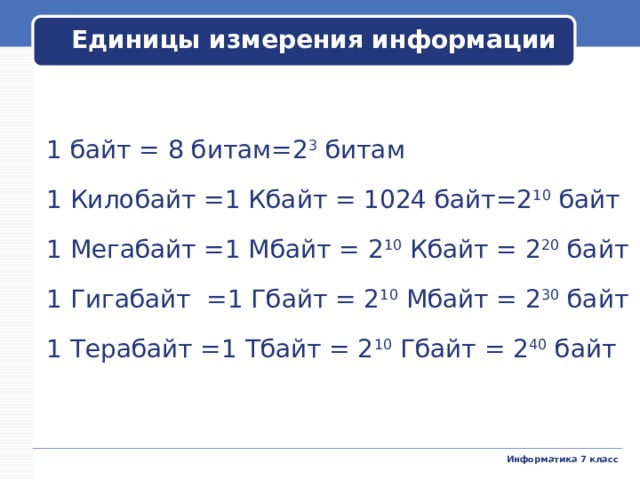 Единицы измерения информации  1 байт = 8 битам=2 3 битам 1 Килобайт =1 Кбайт = 1024 байт=2 10 байт 1 Мегабайт =1 Мбайт = 2 10 Кбайт = 2 20 байт 1 Гигабайт =1 Гбайт = 2 10 Мбайт = 2 30 байт 1 Терабайт =1 Тбайт = 2 10 Гбайт = 2 40 байт 6