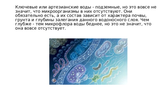 Ключевые или артезианские воды - подземные, но это вовсе не значит, что микроорганизмы в них отсутствуют. Они обязательно есть, а их состав зависит от характера почвы, грунта и глубины залегания данного водоносного слоя. Чем глубже - тем микрофлора воды беднее, но это не значит, что она вовсе отсутствует.