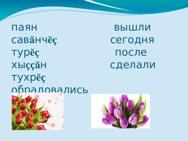 паян вышли  сав ӑ нч ӗç сегодня  тур ӗç после  хы ççӑ н сделали  тухр ӗç обрадовались