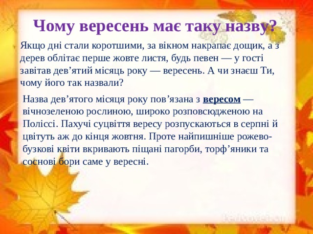 Чому вересень має таку назву? Якщо дні стали коротшими, за вікном накрапає дощик, а з дерев облітає перше жовте листя, будь певен — у гості завітав дев’ятий місяць року — вересень. А чи знаєш Ти, чому його так назвали? Назва дев’ятого місяця року пов’язана з вересом — вічнозеленою рослиною, широко розповсюдженою на Поліссі. Пахучі суцвіття вересу розпускаються в серпні й цвітуть аж до кінця жовтня. Проте найпишніше рожево-бузкові квіти вкривають піщані пагорби, торф’яники та соснові бори саме у вересні.