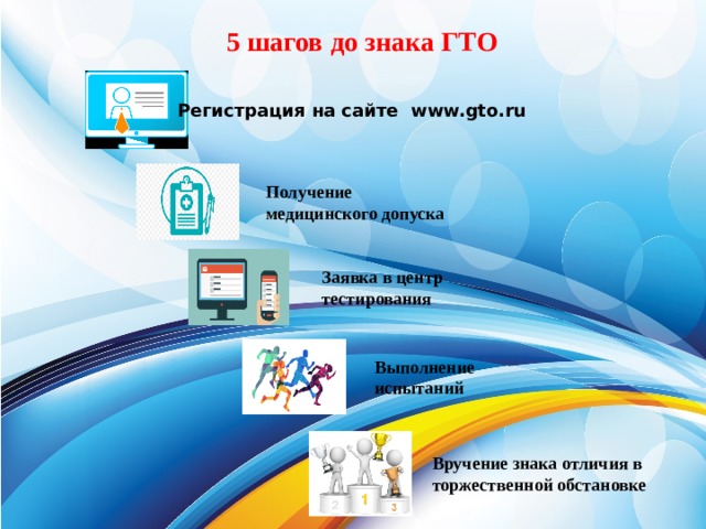 5 шагов до знака ГТО Регистрация на сайте www.gto.ru Получение медицинского допуска Заявка в центр тестирования Выполнение испытаний Вручение знака отличия в торжественной обстановке