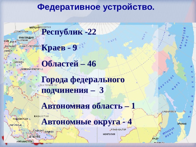 Федеративное устройство. Республик -22 Краев - 9 Областей – 4 6 Города федерального подчинения – 3 Автономная область – 1 Автономные округа - 4