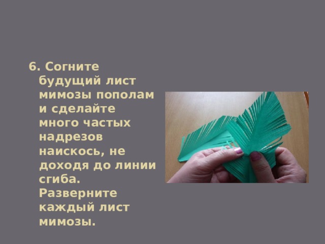 6. Согните будущий лист мимозы пополам и сделайте много частых надрезов наискось, не доходя до линии сгиба. Разверните каждый лист мимозы.