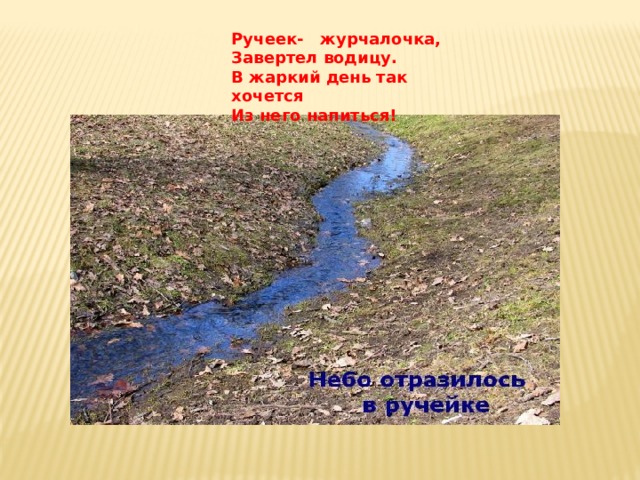 Ручеек- журчалочка,  Завертел водицу.  В жаркий день так хочется  Из него напиться!