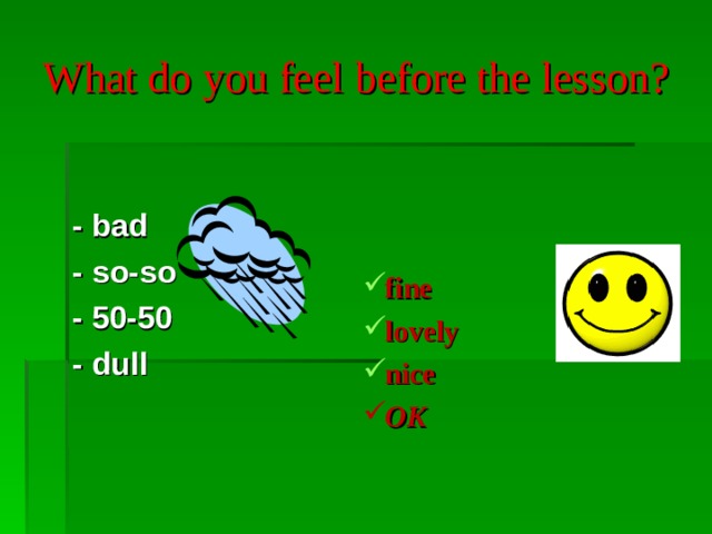 What do you feel before the lesson? - bad - so-so - 50-50 - dull fine lovely nice OK