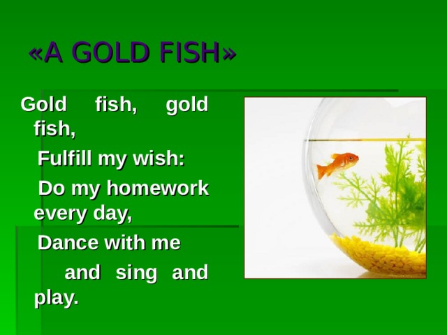 «A GOLD FISH» Gold fish, gold fish,  Fulfill my wish:  Do my homework every day,  Dance with me  and sing and play.