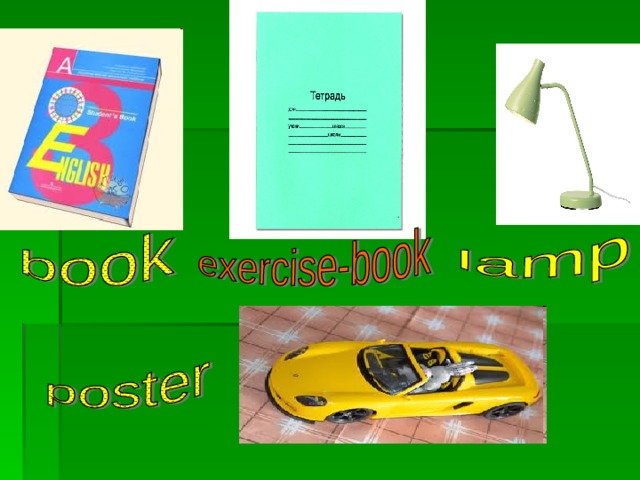 Book, lamp, notebook, pen, pencil, bag, pencil-box, rubber, ruler.