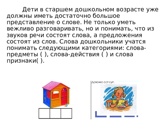 Дети в старшем дошкольном возрасте уже должны иметь достаточно большое представление о слове. Не только уметь вежливо разговаривать, но и понимать, что из звуков речи состоят слова, а предложения состоят из слов. Слова дошкольники учатся понимать следующими категориями: слова-предметы ( ), слова-действия ( ) и слова признаки( ).