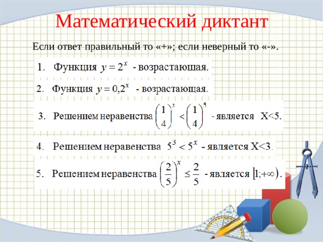 Математический диктант Если ответ правильный то «+»; если неверный то «-».