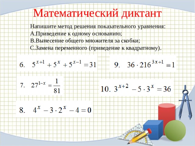 Математический диктант Напишите метод решения показательного уравнения: