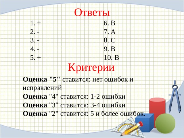 Ответы 1. +     6. В 2. -     7. А 3. -     8. С 4. -     9. В 5. +     10. В Критерии Оценка 