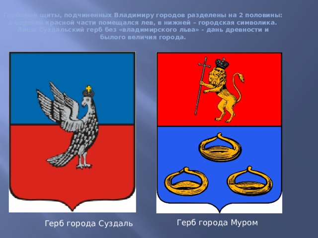 Гербовые щиты, подчиненных Владимиру городов разделены на 2 половины: в верхней красной части помещался лев, в нижней – городская символика. Лишь Суздальский герб без «владимирского льва» - дань древности и былого величия города.   Герб города Муром Герб города Суздаль