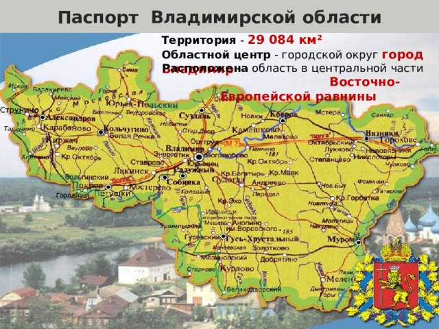 Паспорт Владимирской области Территория  - 29 084 км²  Областной центр  - городской округ город Владимир Расположена область в центральной части Восточно-Европейской равнины