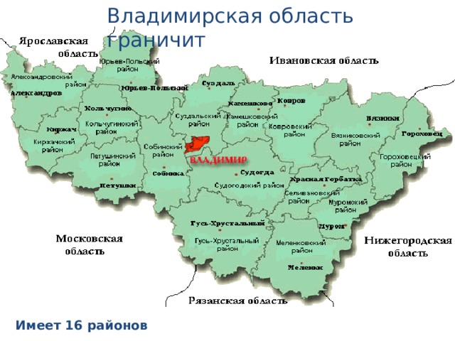 Владимирская область граничит Имеет 16 районов