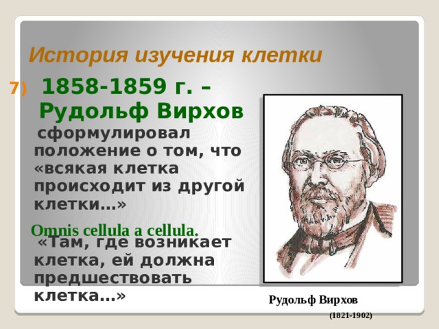 История изучения клетки  1858-1859 г. –  Рудольф Вирхов  сформулировал положение о том, что «всякая клетка происходит из другой клетки…»   «Там, где возникает клетка, ей должна предшествовать клетка…»   Omnis cellula a cellula. Рудольф Вирхов (1821-1902)