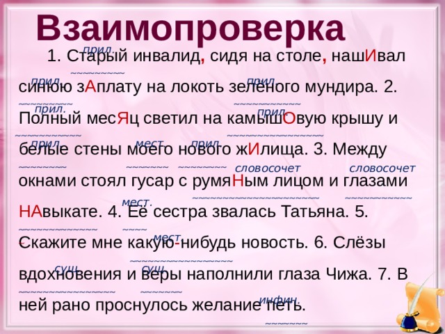 Взаимопроверка  1. Старый инвалид , сидя на столе , наш И вал синюю з А плату на локоть зелёного мундира. 2. Полный мес Я ц светил на камыш О вую крышу и белые стены моего нового ж И лища. 3. Между окнами стоял гусар с румя Н ым лицом и глазами НА выкате. 4. Её сестра звалась Татьяна. 5. Скажите мне какую - нибудь новость. 6. Слёзы вдохновения и веры наполнили глаза Чижа. 7. В ней рано проснулось желание петь. прил.   прил. прил.     прил. прил.     прил. мест. прил.       словосочет. словосочет.     мест.      мест.   сущ. сущ.     инфин. 