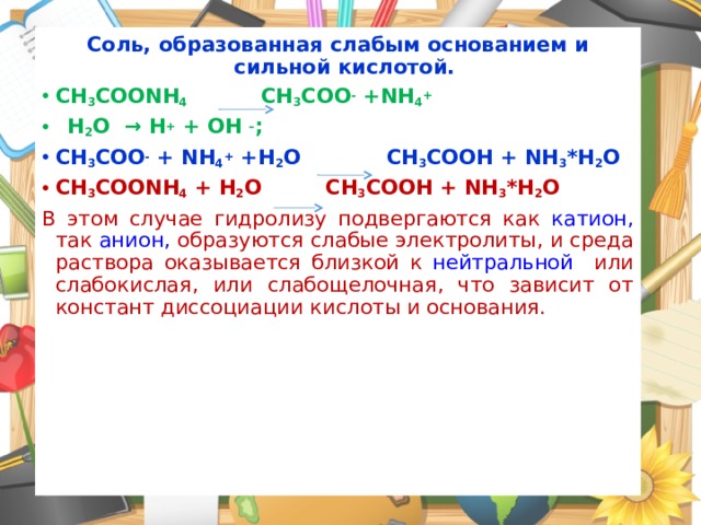 Соль образованная сильной кислотой. Nh4ch3coo гидролиз. Гидролиз солей ch3coonh4. Уравнение гидролиза ch3coonh4. Ch3coonh4 получить ch3cooh.